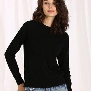 Minnie Rose Cotton “cashmere‑feel” Frayed Crew Neck Sweater –Black – Size Medium